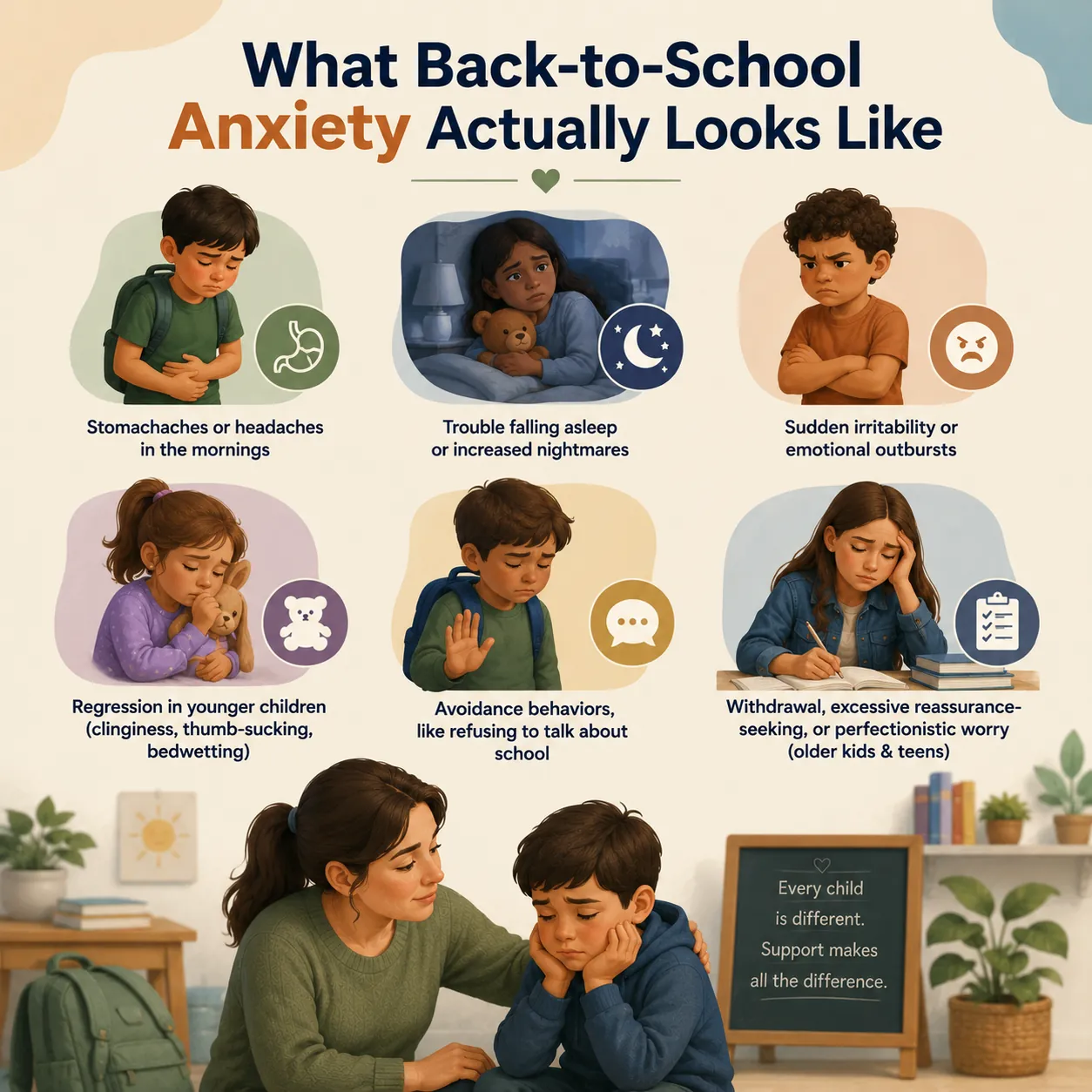 Child showing signs of anxiety before school, stomachache and worry